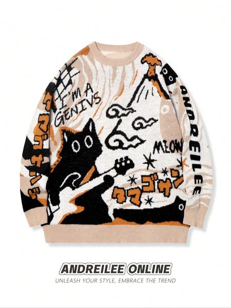 Autumn Winter Unisex Casual Knit Pullover Sweater, Round Neck Long Sleeve Cartoon Pattern Top, Loose Fit School Back-To-School Wear