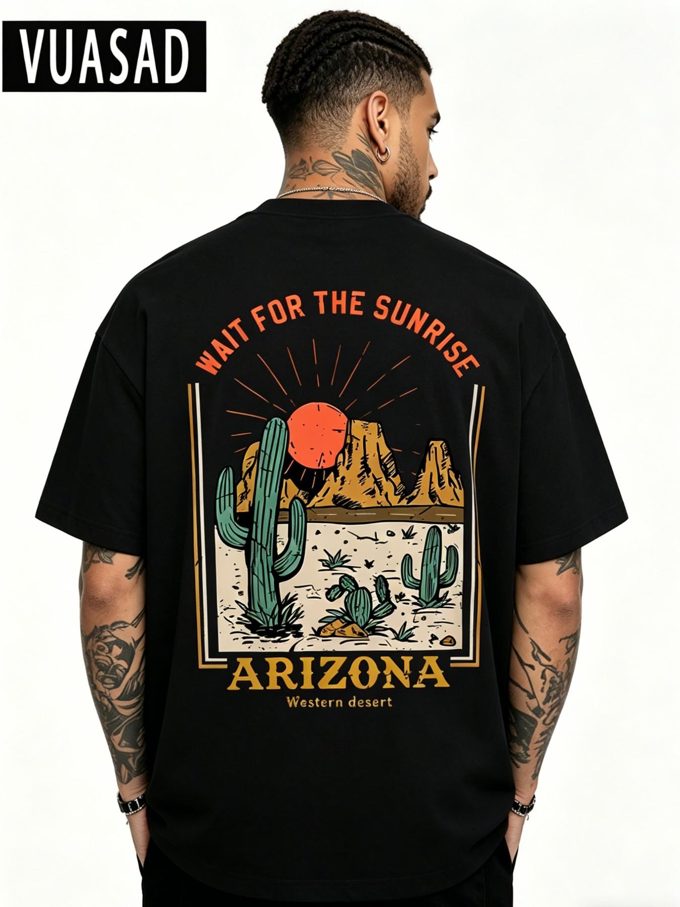 Men's Desert Cactus Landscape Casual Short Sleeve T-Shirt, Vintage Washed Style, Loose-Fit Pure Cotton Top, Daily Wear