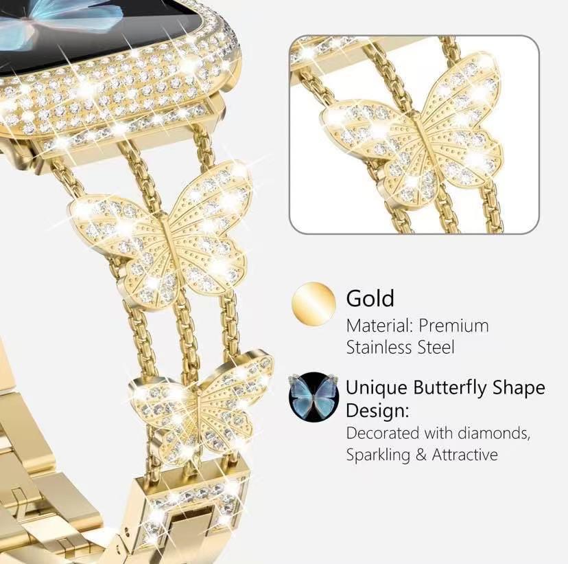 Fashion Butterfly Bling Band for Apple Watch 38mm 40mm 41mm 42mm – Iced Out Rhinestone Metal Strap, Sparkly Feminine Replacement Wristband, Lovely Holiday Gift Choice for Series 10/11 [Watch NOT Included]