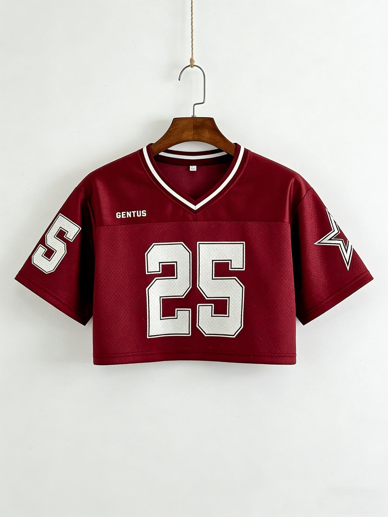 Women's cropped soccer jersey, #25 printed mesh top, Y2K street style V-neck short-sleeved T-shirt, breathable sporty style, casual summer cropped top, suitable for sports, everyday wear, parties, and looks great with jeans and shorts.