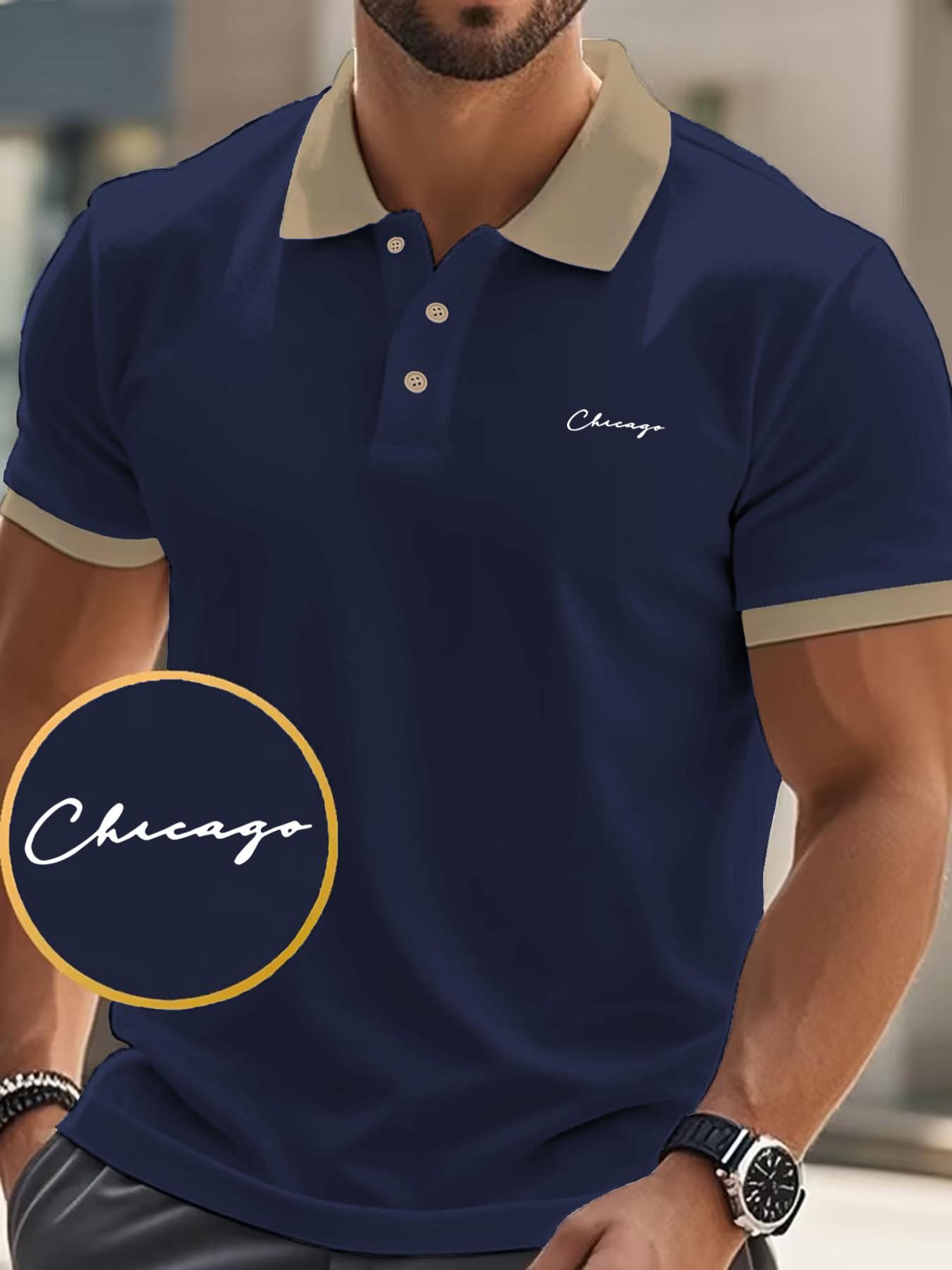 Men's Chicago Handwritten Print Polo Shirt, Slim-Fitting American Style Top, Short Sleeve Casual Wear for Spring & Fall