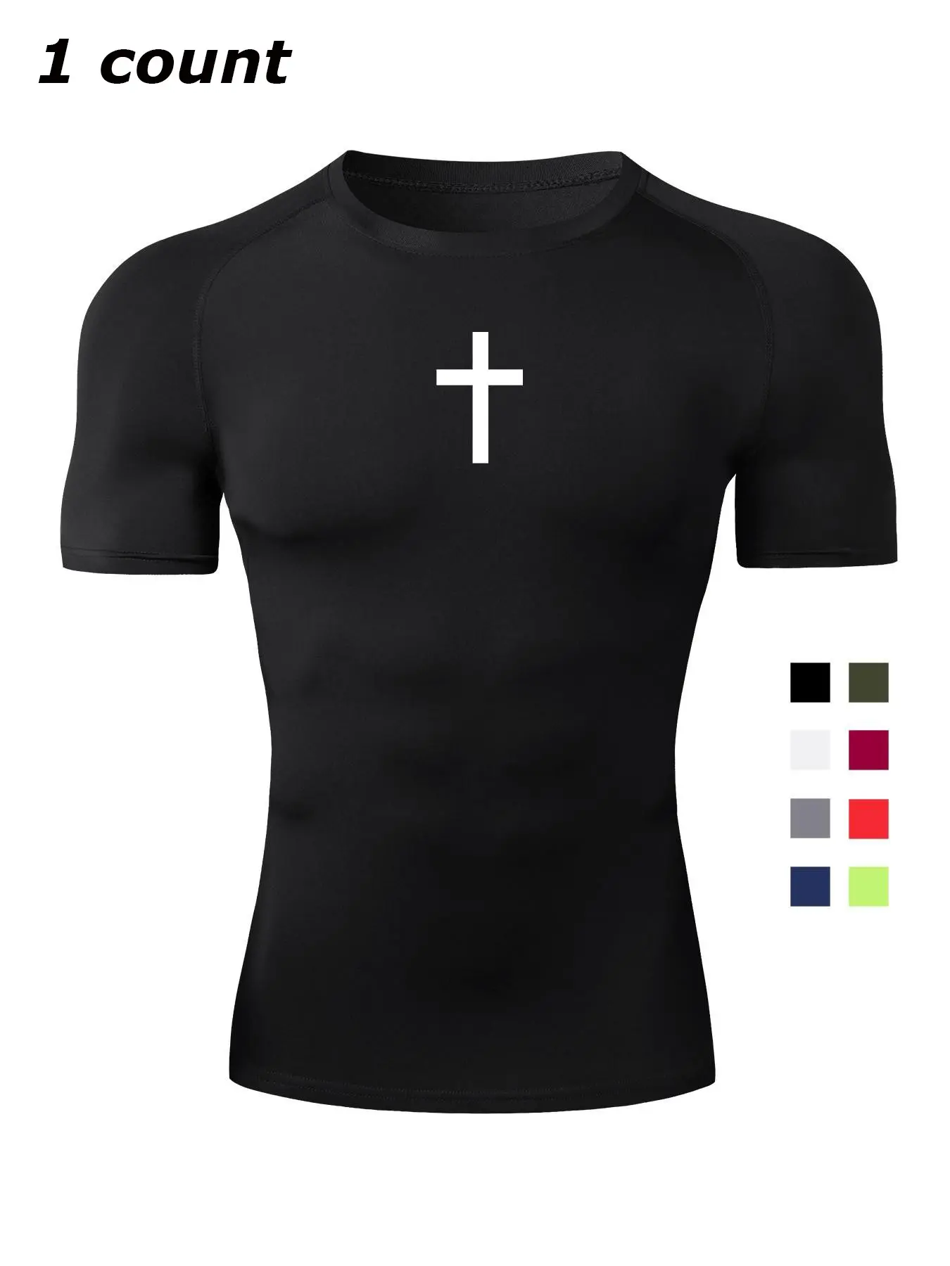 Sporty Men's Cross Print Round Neck Raglan Sleeve Sports Tee, Quick-Drying Breathable Short Sleeve Crew Neck T-Shirt for Gym Workout Running, Casual Summer Top for Men, Athletic Compression Fitness Tee, Athletic Apparel
