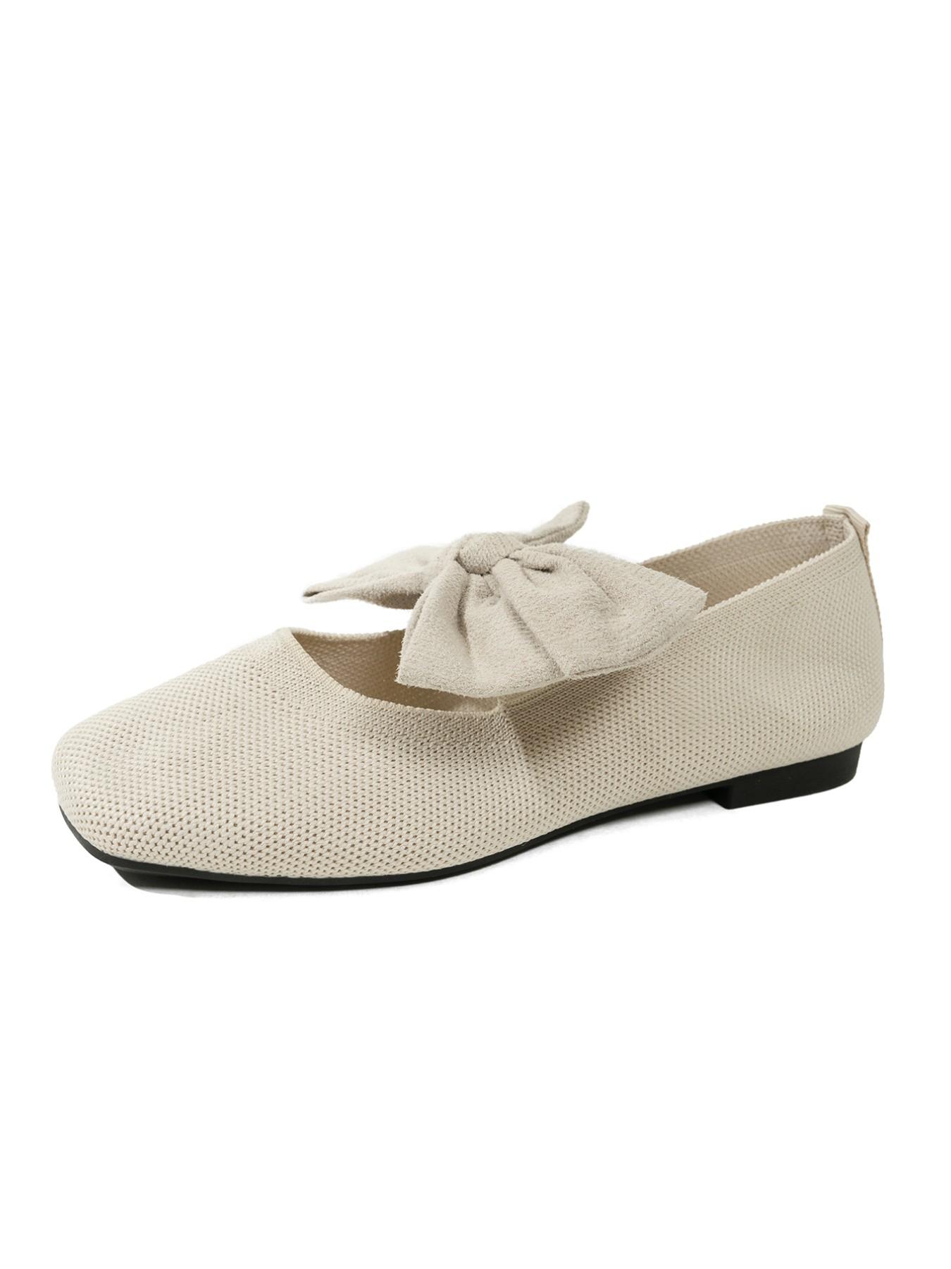 Women's Knitted Shoes, Retro Square Toe Mary Jane Flats, Comfortable Low Heel Single Shoe, Fashion Commuter Shoes with Large Bow Decor Women's Knitted Shoes, Retro Square Toe Mary Jane Flats, Comfortable Low Heel Single Shoe, Fashion Commuter Shoes with Large Bow Decor