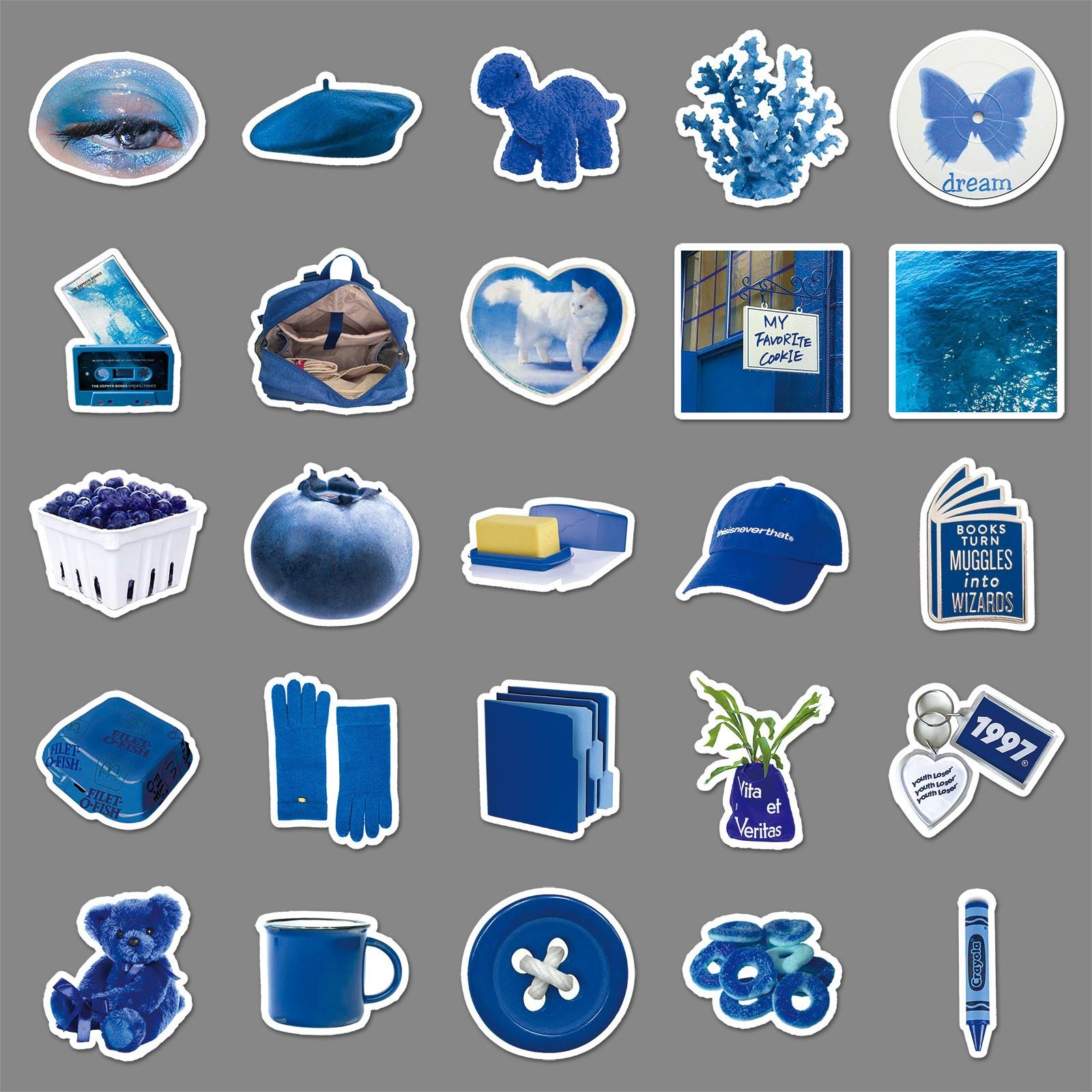 50pcs Blue Aesthetic Stickers, Y2K Blue Theme Waterproof Vinyl Decals, Cute Blue Stickers for Laptop, Water Bottle, Luggage, DIY Scrapbook, Journal