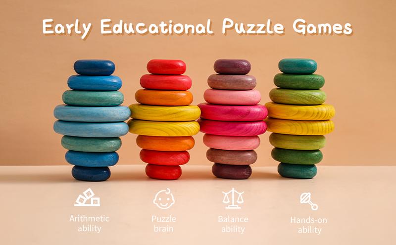 OESSUF 16pcs Extra-Large Wooden Sorting Stacking Rocks - Safe Montessori Toys for 1-3 Year Old, Waldorf Wooden Blocks for Toddlers 1-3, Smooth Stacking Stones for Toddlers, for Kids New Year Gifts