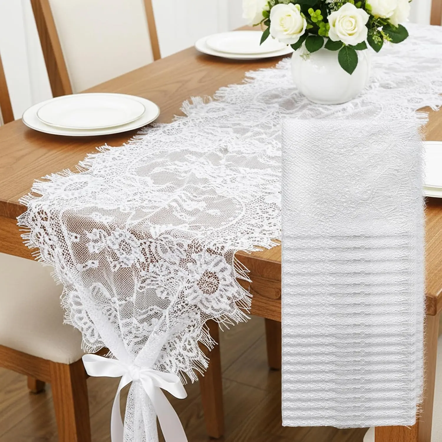 12 Pack White Lace Table Runners 14 x 120 Inch, Floral Embroidery, Rustic Vintage Tablecloth for Wedding, Bridal Shower, Thanksgiving, Christmas, Baby Shower, Boho Home Decor