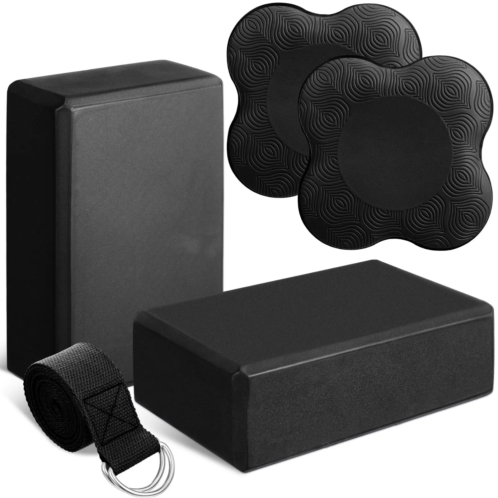 5-piece set of black yoga blocks and knee protectors with yoga straps, soft premium foam accessories, EVA yoga mat block set, high-density plain-colored exercise foam blocks, for yoga, Pilates, meditation, balance, and deep stretching.