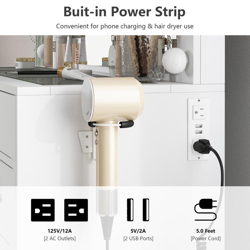 FUSOU 47"W 11 Drawer Vanity Desk with Power Outlet, Vanity Table with Chair, 3 Lighting Modes,Dressing Room, Makeup Vanity with Mirror and 12 LED Lights