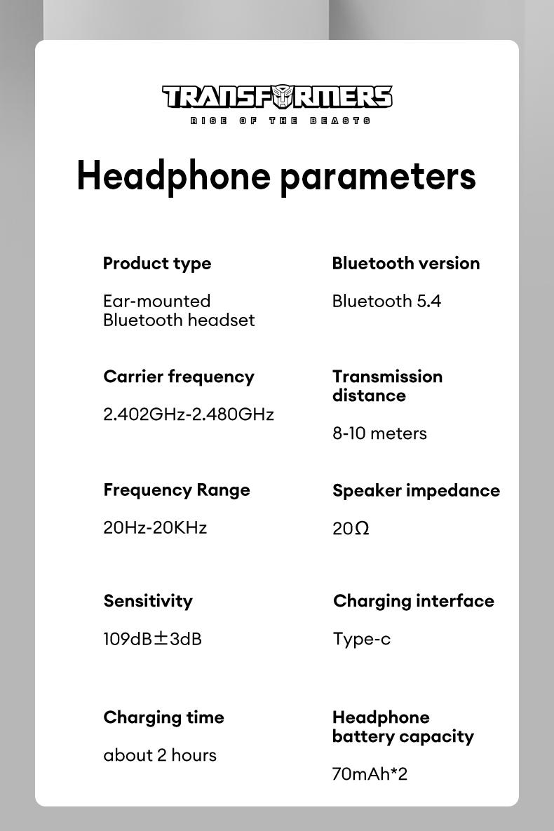 Transformers T21 Ear-Mounted Bluetooth Headset Bluetooth 5.4 360°Stereo Sounds Effects Large Capacity Battery