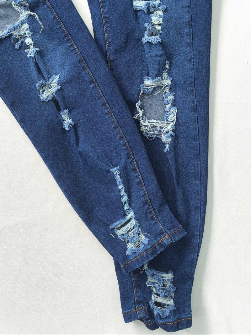 【Plus Size】 Solid Color Ripped Stretchy Jeans, Casual Fashion Skinny Denim Pants for Daily Outdoor Wear, Women Plus Clothing for Summer