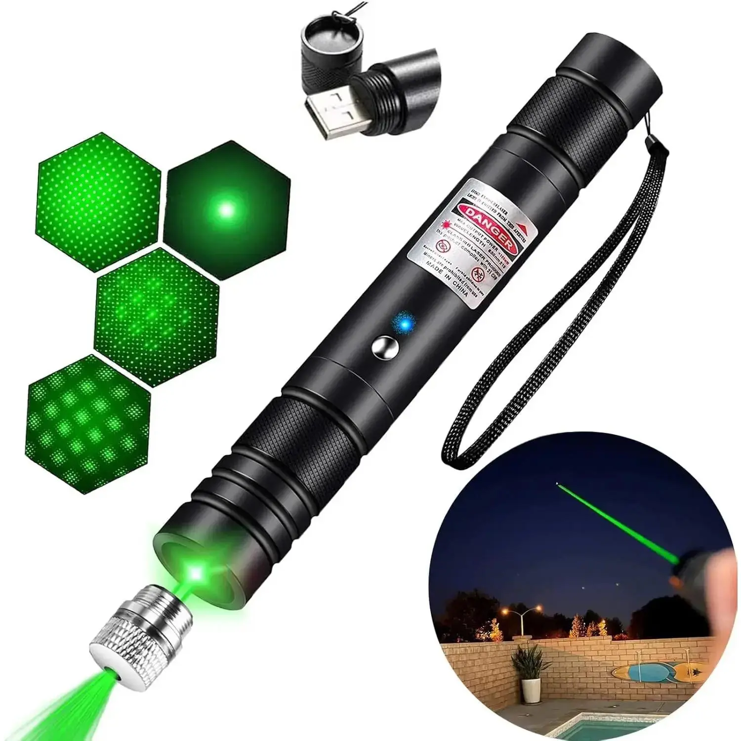 Rechargeable Green Laser Pointer, USB Green Light Cat Toy with Long Range Beam & Starlight Patterns, Line Light Flashlight for Cats & Dogs, Presentation, TV/LED/LCD Screens, Astronomy, Camping, Outdoor Activities & Interactive Pet Play