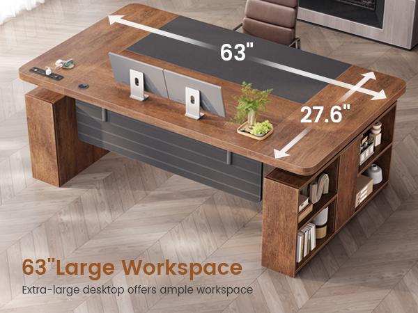 SEDETA 63" Executive Standing Desk with Storage, Executive Height Adjustable Desk with Power Outlets, Large Computer Office Desk with Privacy Panel for Home Office