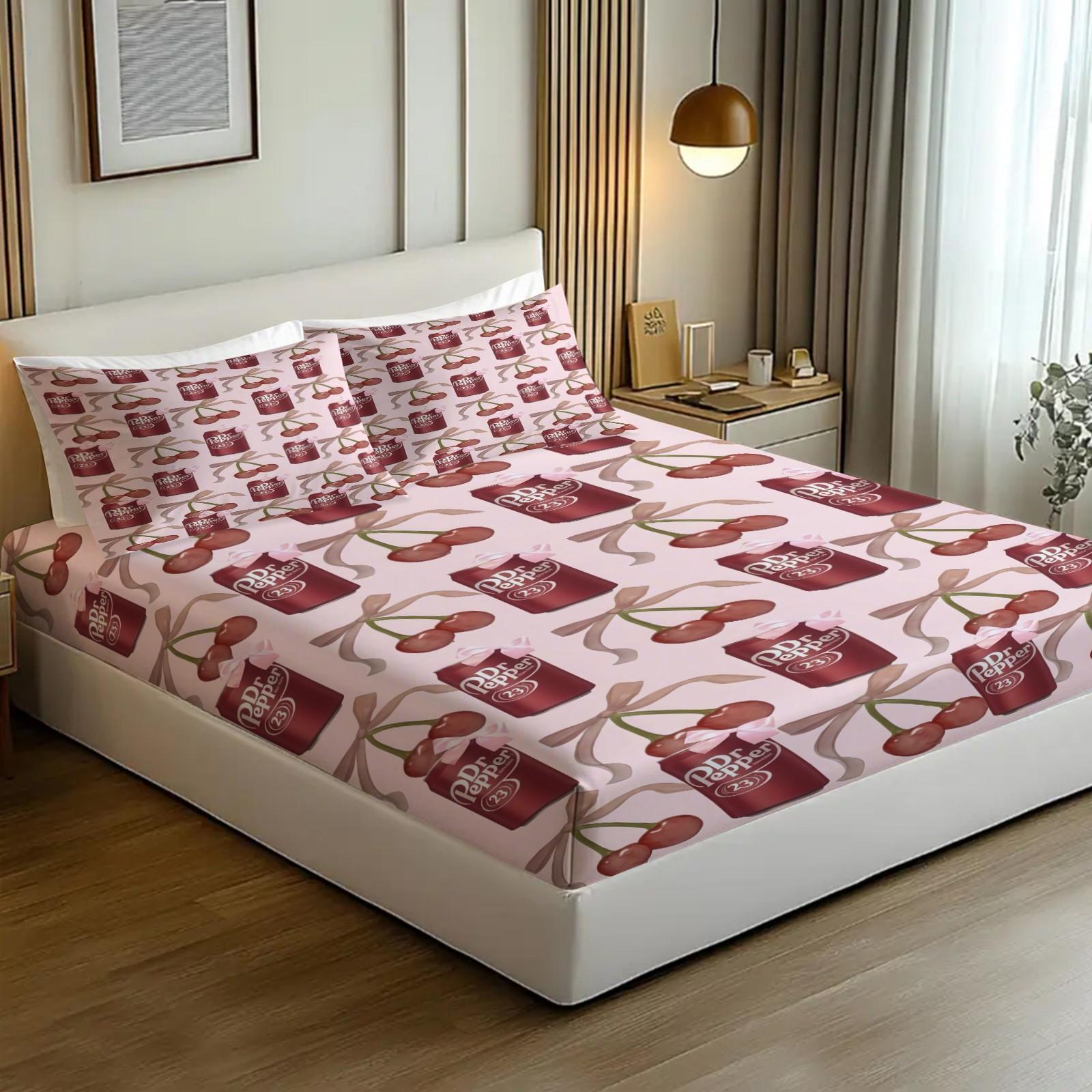 3 Piece Dr Pepper Cherry Fitted Sheet Set, 1 Fitted Sheet + 2 Pillowcases, Retro Soda Drink Pink Bow Bedding, Cute Girly Bedroom Decor for Soda Lovers, Ideal Gift for Dr Pepper Fans