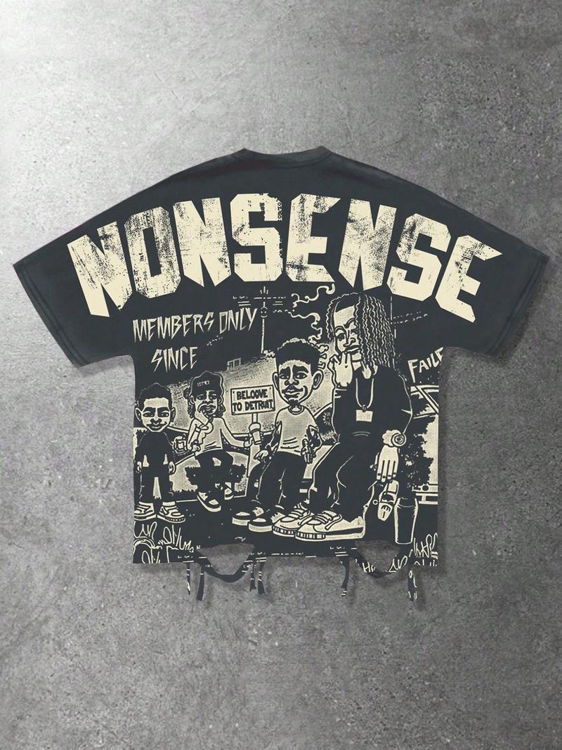 Y2K men's rap artist printed bat sleeve T-shirt loose fit, hip-hop cartoon portrait printed loose fit shirt suitable for both men and women, sleet life party nightclub casual streetwear, Halloween, 2000s style