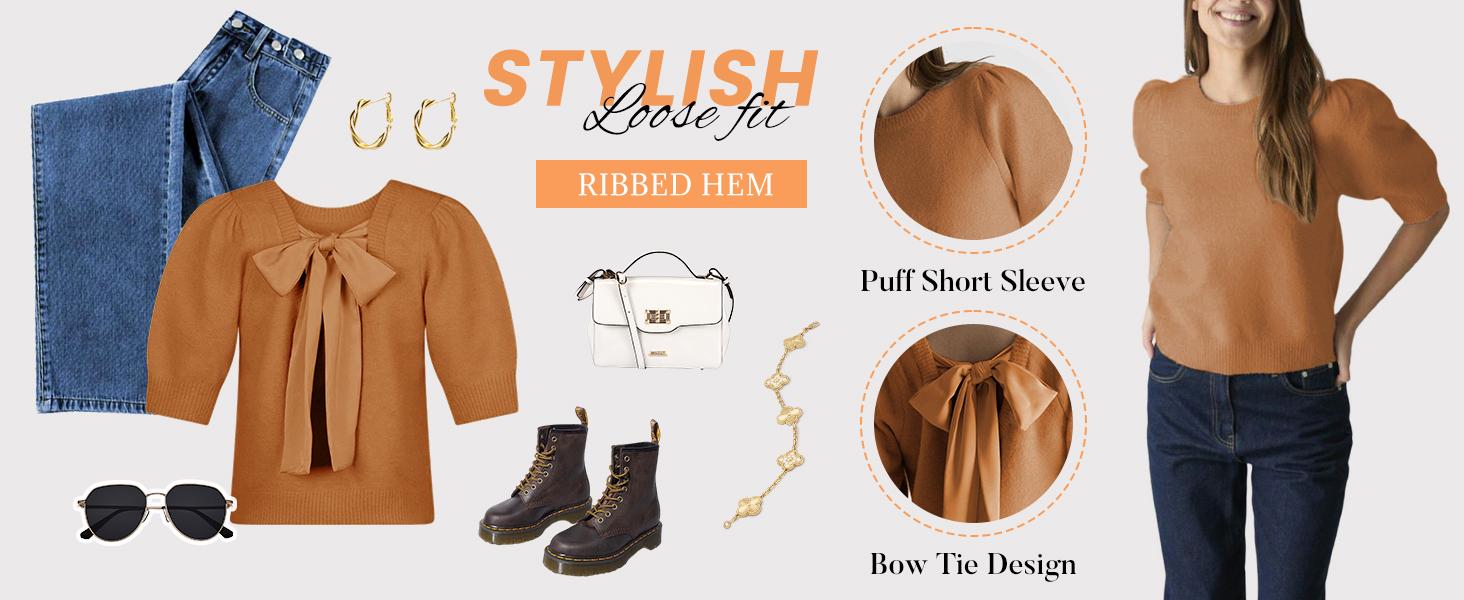 Ommig Womens Casual Sweater Vest Puff Short Sleeve Crew Neck Bow Tie Back Knit Shirt