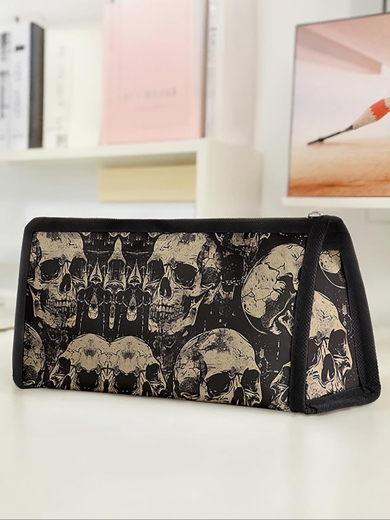 Skull Pattern Triangle Pencil Case, Portable Multi-Functional Stationery Storage Bag, Zipper Design, Unisex, All Seasons, Art Supplies