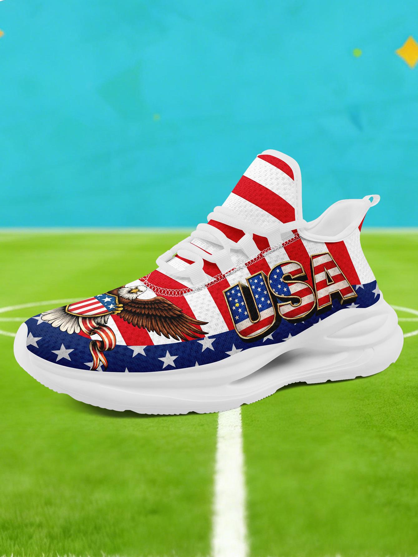 Men's Bold US Eagle Graphic Sports Shoes, Breathable Lightweight Athletic Blade Sneakers, Comfortable Plus Size Casual Footwear