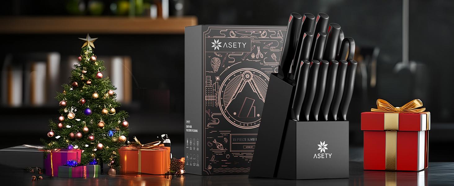 15 PCS Knife Set with Block with Sharpener, High Carbon Stainless Steel for professional kitchen knives Sharp Set NSF Food Safe Dishwasher Safe Steak meat boning knives box gifts for men Knife Block Birthday