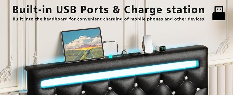 LIKIMIO Bed Frame with LED Lights and 4 Storage Drawers, Upholstered Platform Bed Frame Queen Size with Adjustable Crystal Button PU Leather Headboard, No Box Spring Needed, Black