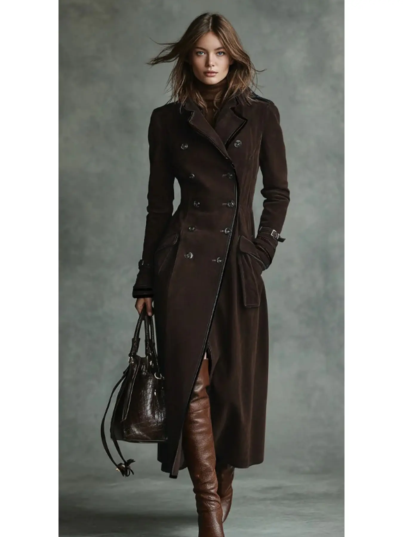 Women's Fall/Winter Elegant Long Faux Suede Trench Coat, Lapel Collar Warm Outerwear for Daily Wear, Travel, and Commuting