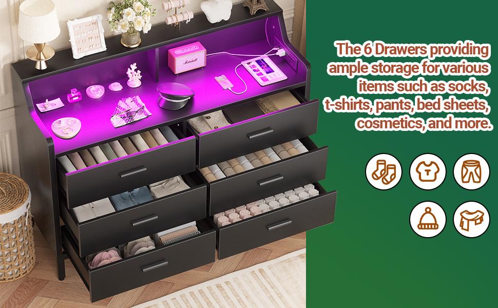 Homieasy 6 Drawer Dresser for Bedroom, Wooden Chest of Drawers with Power Outlets and Smart LED Light, Sturdy Modern Bedroom Furniture, Wide Storage Dresser for Living Room, Closet, Entryway, Black Homieasy 6 Drawer Dresser for Bedroom, Wooden Chest of Drawers with Power Outlets and Smart LED Light, Sturdy Modern Bedroom Furniture, Wide Storage Dresser for Living Room, Closet, Entryway, Black