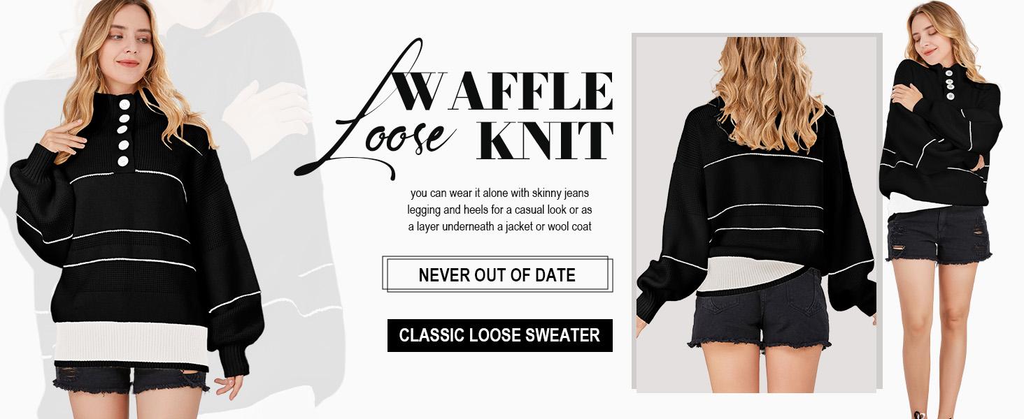 CHARTOU Women's Autumn/Winter Loose Striped Sweater 1/2 Button Collar Hoodie Waffle Knitted Sweater CHARTOU Women's Autumn/Winter Loose Striped Sweater 1/2 Button Collar Hoodie Waffle Knitted Sweater