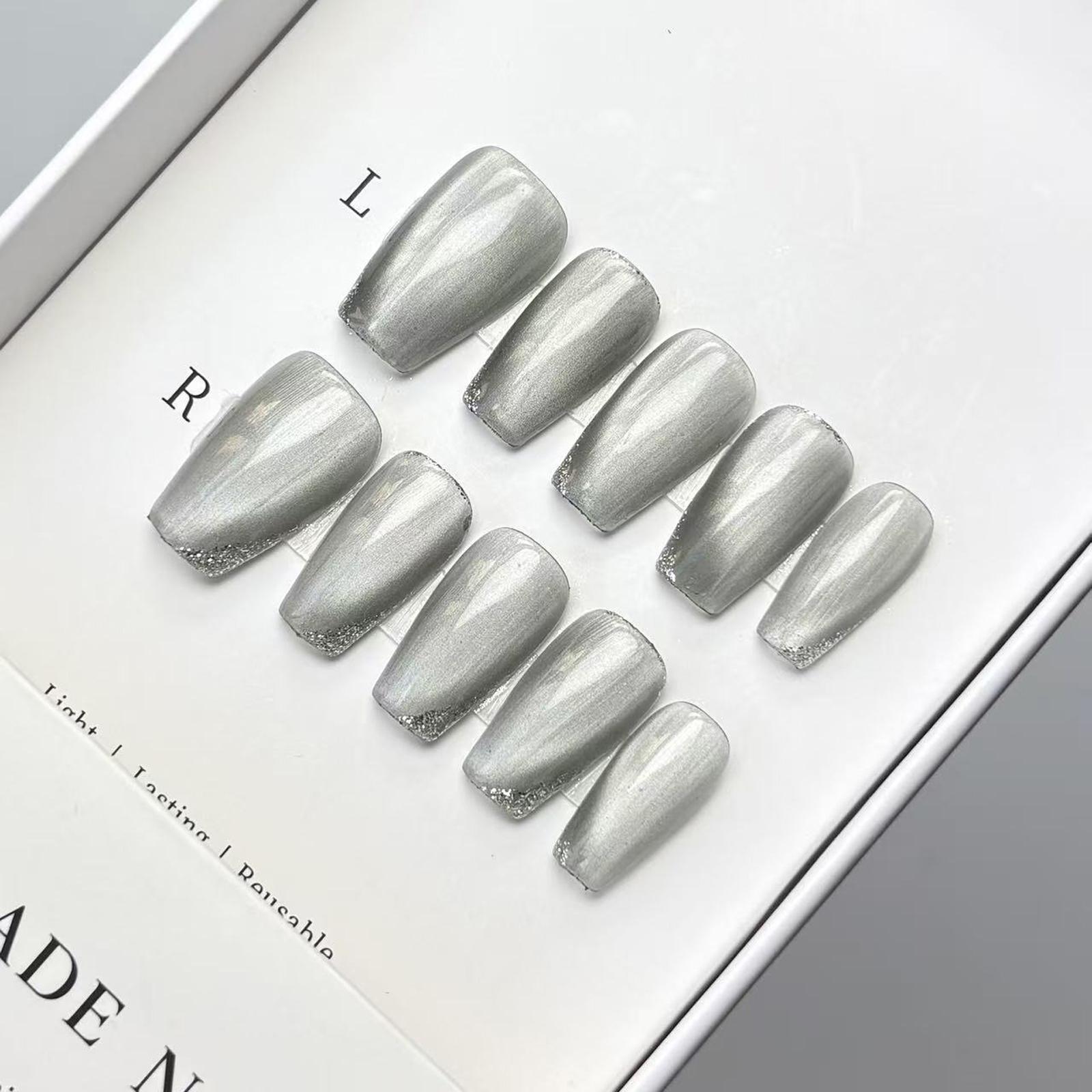 Luxury Nail Freedom! Silver Cat Eye Glitter Edge Press Ons, Get Baddie Nails In 5 Mins, No Salon Needed