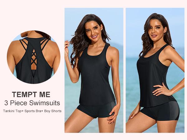 Tempt Me Three Piece Tankini Swimsuits for Women Athletic Bathing Suits Swim Tank Top with Boy Shorts and Bra Modest Swimwear