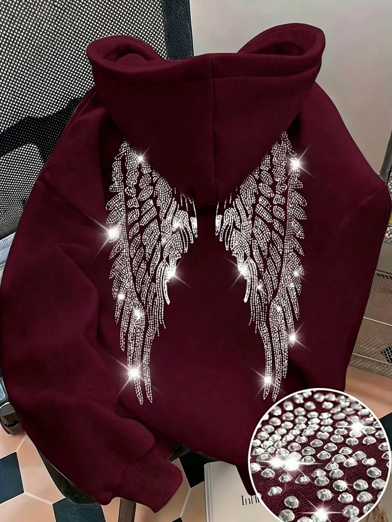 Women's Rhinestone Winged Glitter Hoodie Sweatshirt Pullover, Cute Long Sleeve Pocket Drop Shoulder Casual Hooded Sweatshirt, Fall Clothes for Women