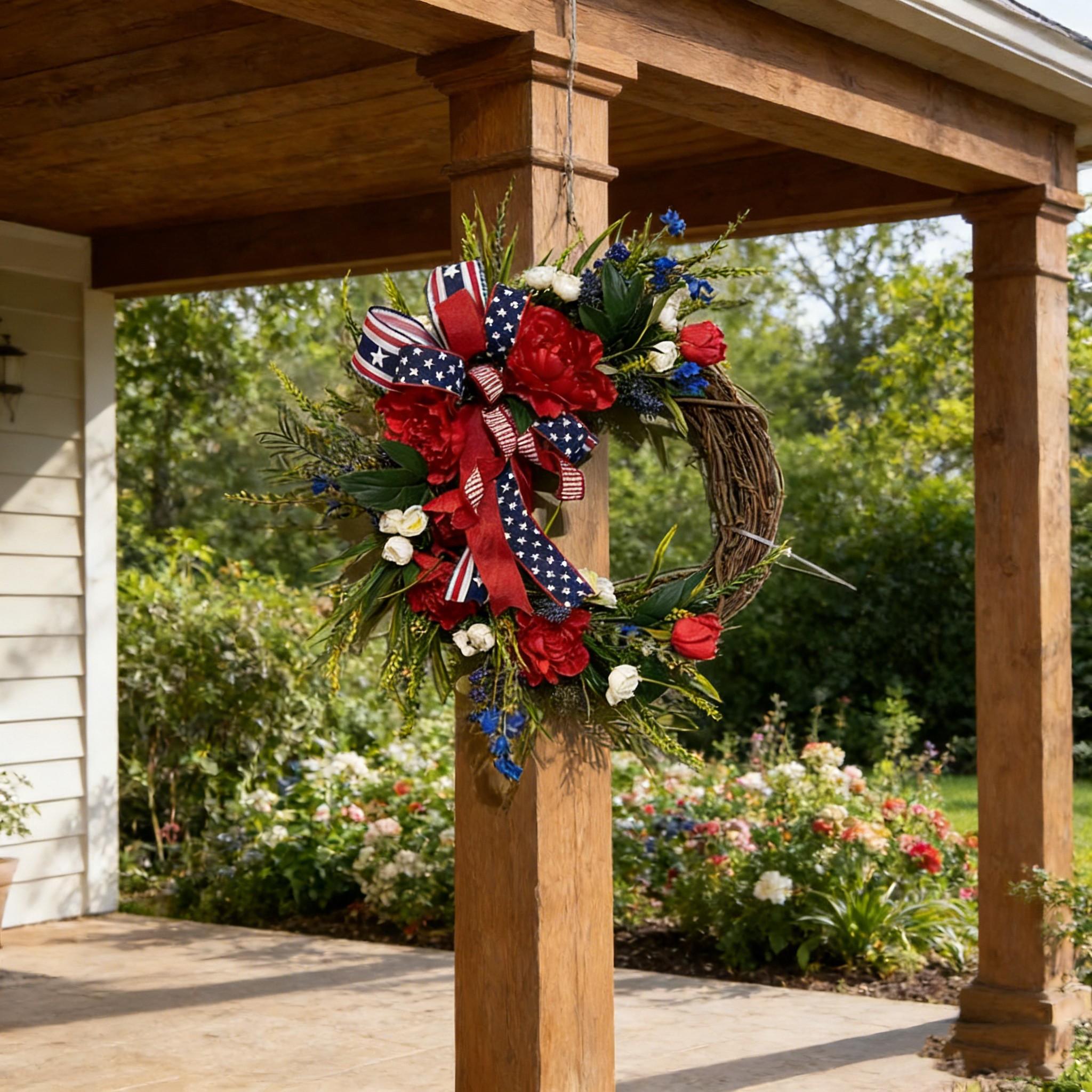 Patriotic July 4th Wreath, Peony and Mixed Flowers with Patriotic Bow, Independence Day Farmhouse Porch Decor, Artificial Floral Arrangement