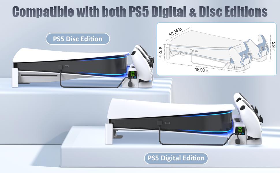 PS5 Horizontal Stand and Cooling Station with 3-Level Cooling Fan, Dual PS5 Controller Charging Base for Playstation 5 Controller, PS5 Console Accessories