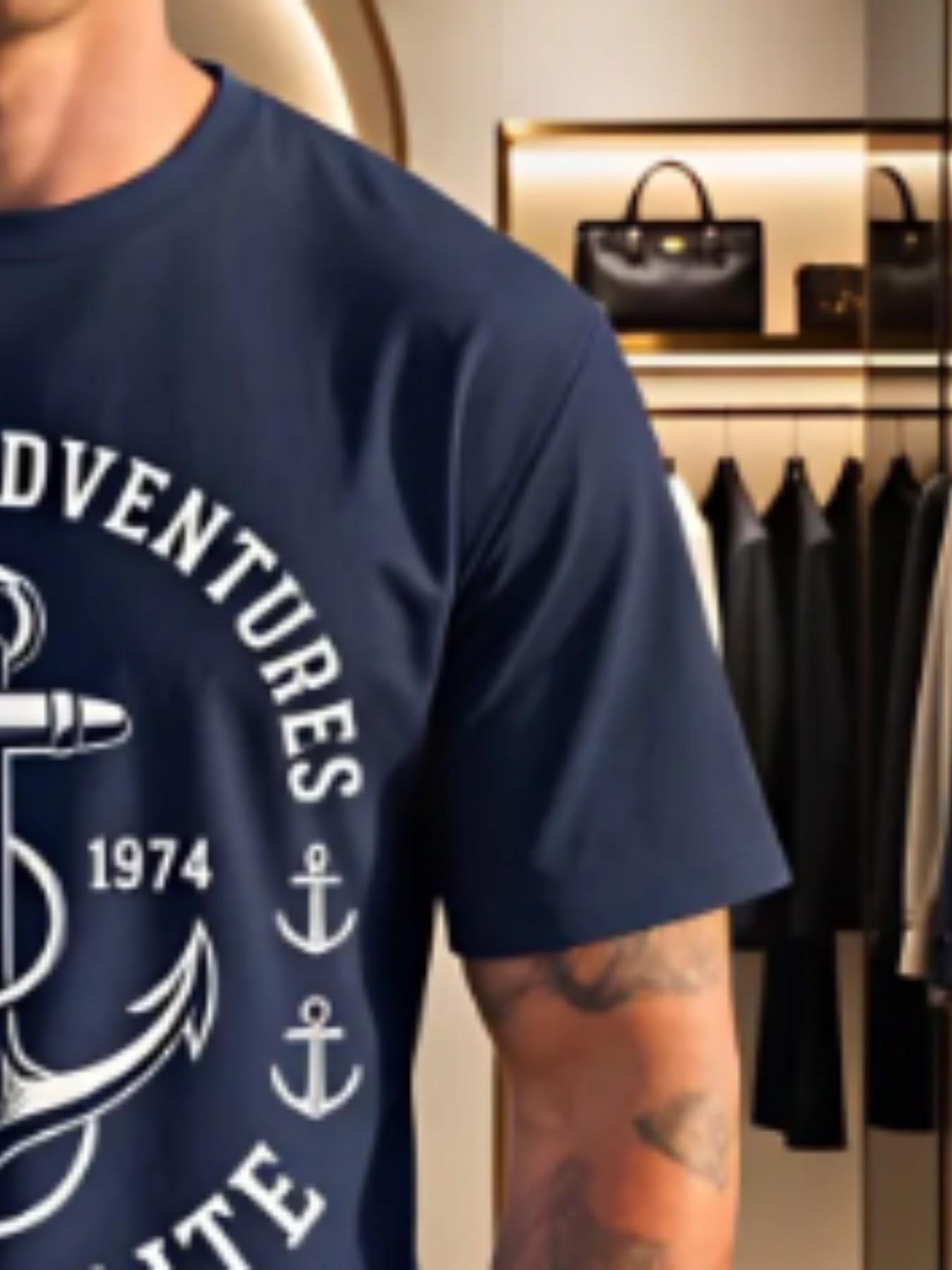 Men's Navy Elite Anchor Graphic 2 Piece Set, Micro-Elastic Breathable Fabric, Printed Tee & Matching Shorts, Casual Sailing Outfit For Men 18-45, Travel/Beach Use, Elastic Waist & Quick-Dry, Trendy Nautical 2026 Viral Menswear