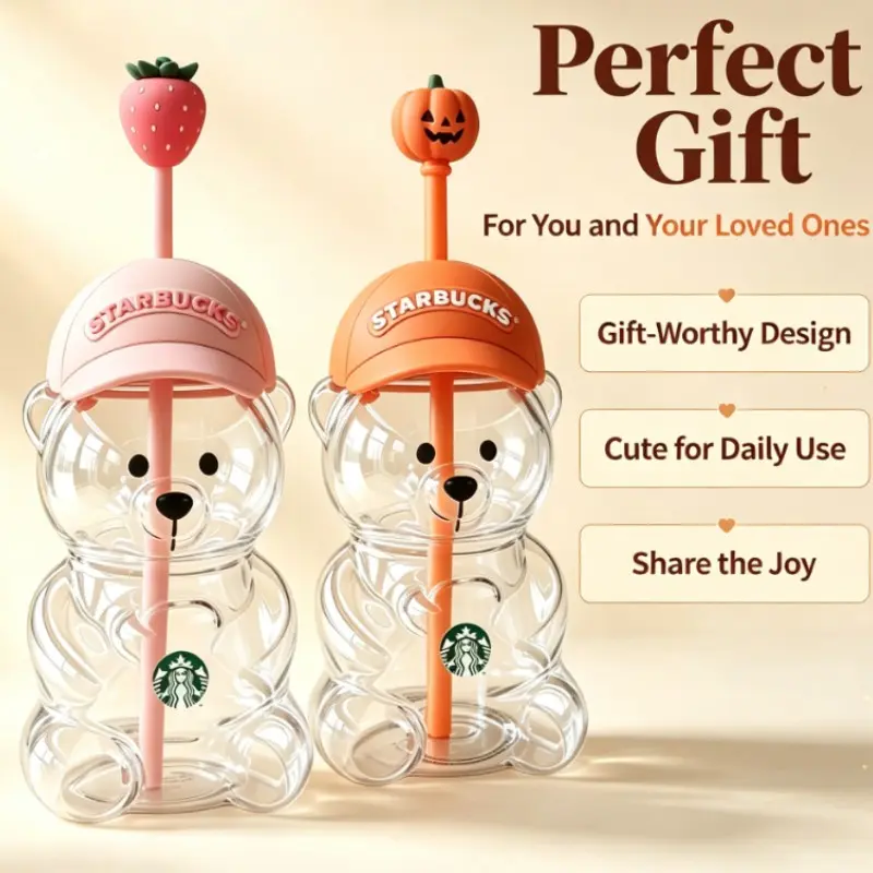 Cute Bear Straw Tumbler with Hat Lid & Strawberry Topper, Clear Cold Beverage Cup, Aesthetic Kawaii Gift for Girls, Fun Drinkware
