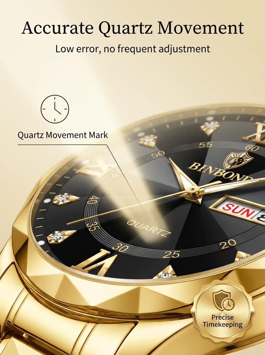 Men's Business Fashion Rhinestone Decor Analog Quartz Watch, Calendrier Waterproof Watch for Party, Daily Decor, Trendy Exquisite Watch for Birthday Gift with Box, Business Fashion Watches