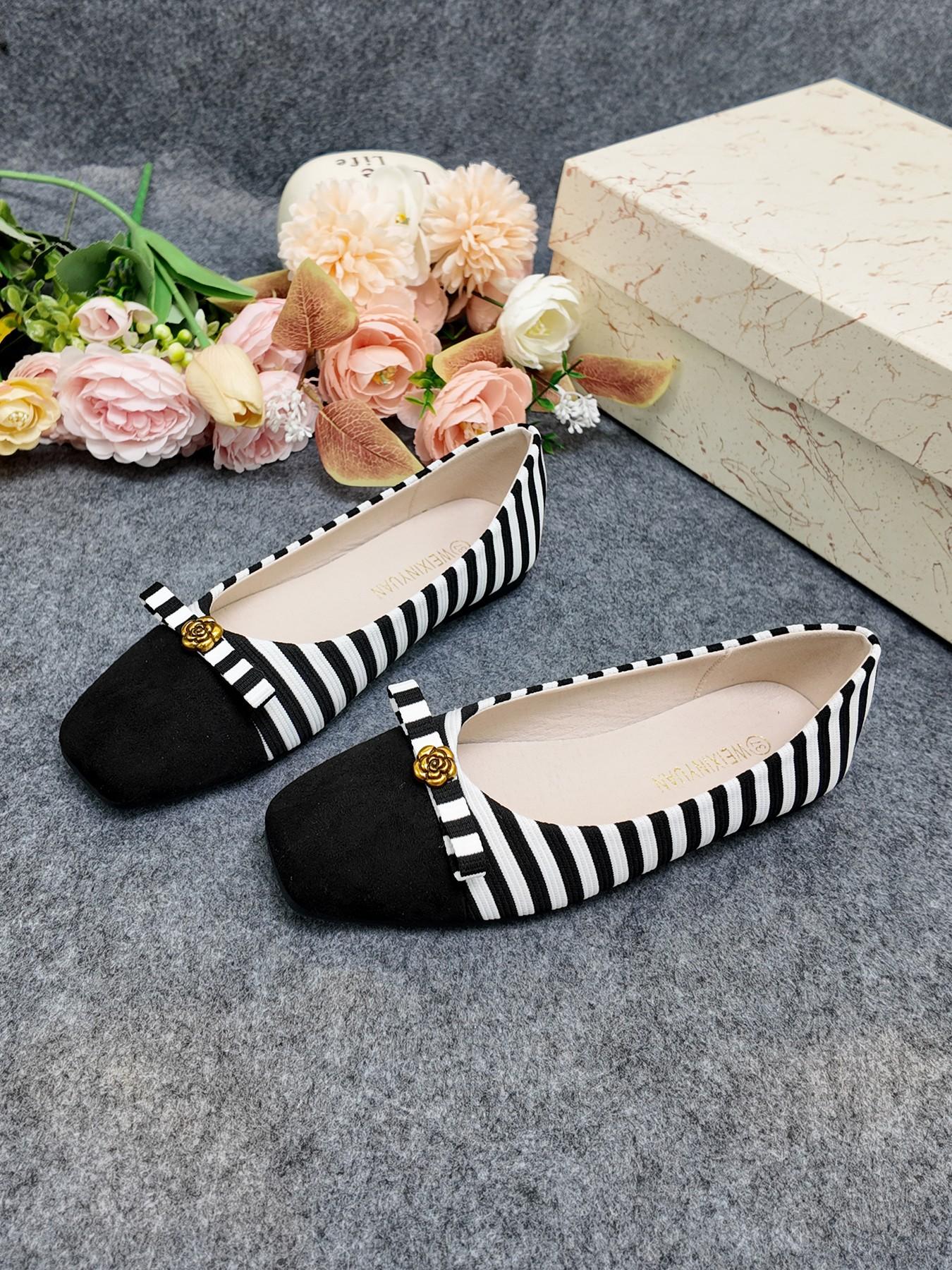 Cute Striped Bow Flat Shoes, Camellia Decoration, Women's Comfortable Casual Shoes, Student Weekend