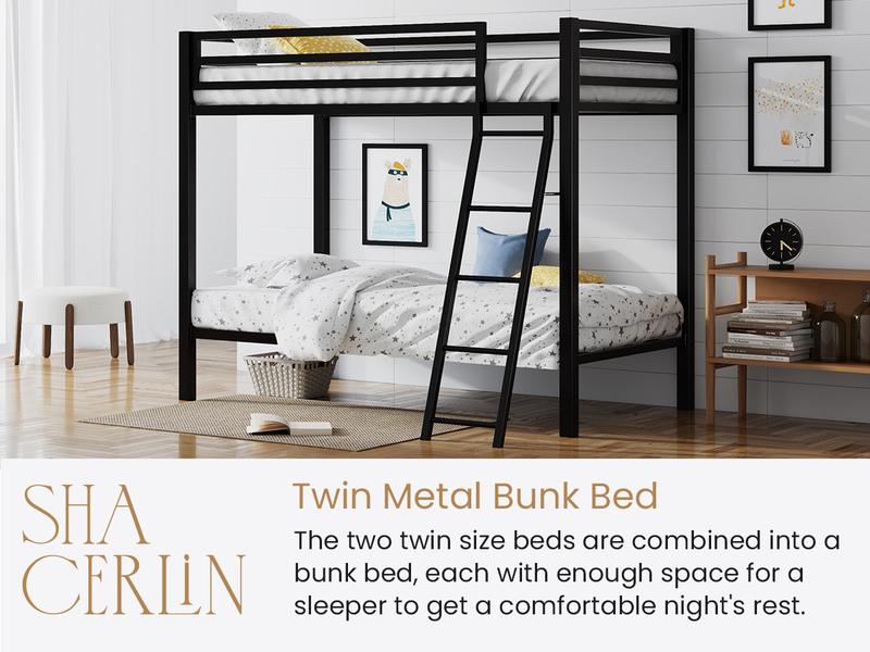 SHA CERLIN Twin Over Twin Metal Bunk Bed |【Frame Only No Mattress】Industrial Design with Inclined Stairs & Full-Length Guardrail/Space-Saving, Easy to Climb & Assemble/Perfect for Juniors#ChristmasGifts#TikTokShopBlackFriday