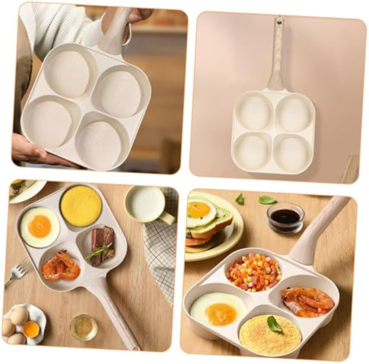 Multifunctional Non-stick Egg Frying Pan – 4 Holes Skillet with Wooden Handle, Medical Stone Omelet Maker for Pancakes, Burgers, Breakfast & Quick Cooking at Home.Non-stick Beige Cookware frying pan.Nonstick Woks
