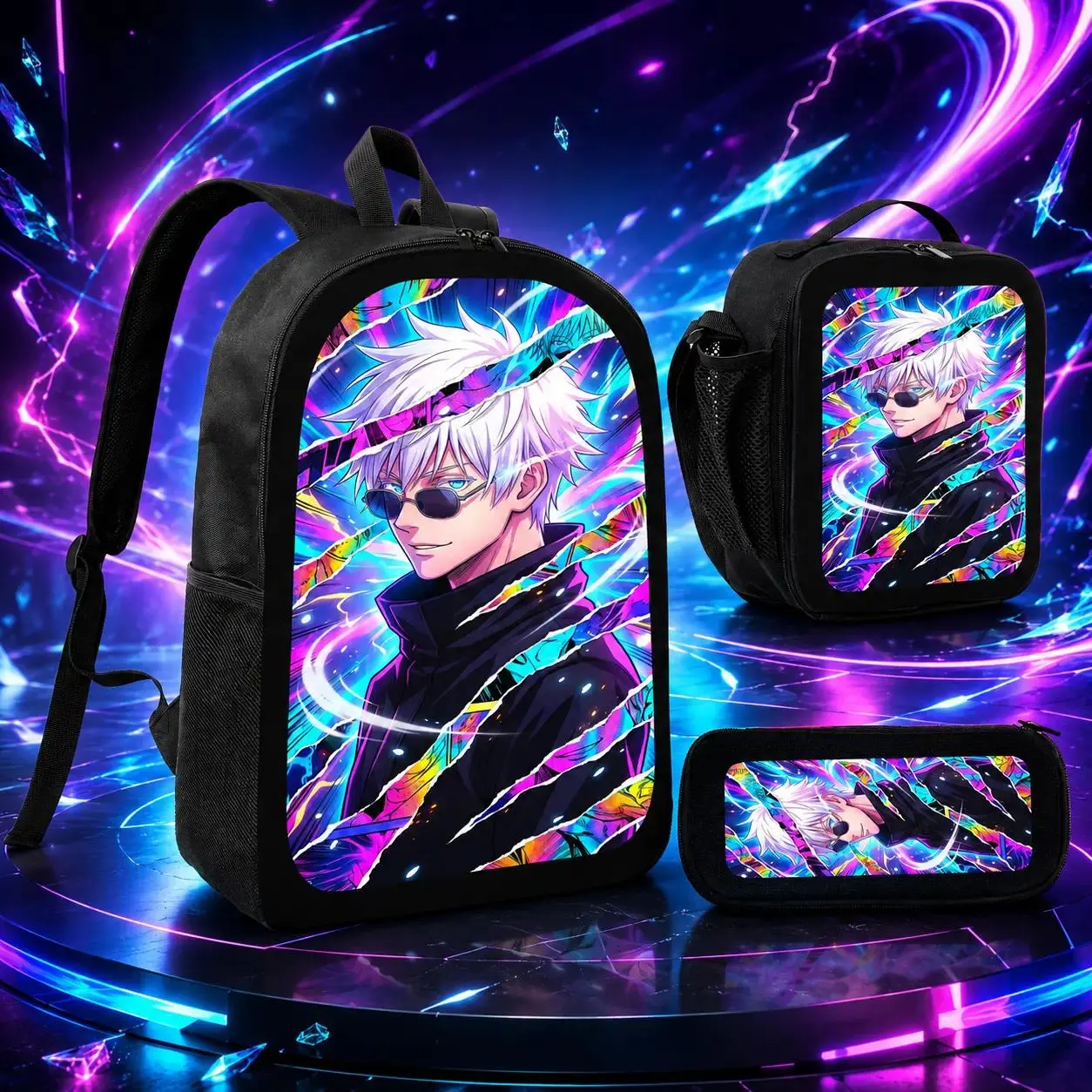 Anime Jujutsu Kaisen Satoru Gojo 3PCS Backpack Set, TikTok Viral Gojo Bag with Lunch Bag & Pencil Case, 3D Breathable Shoulder Straps