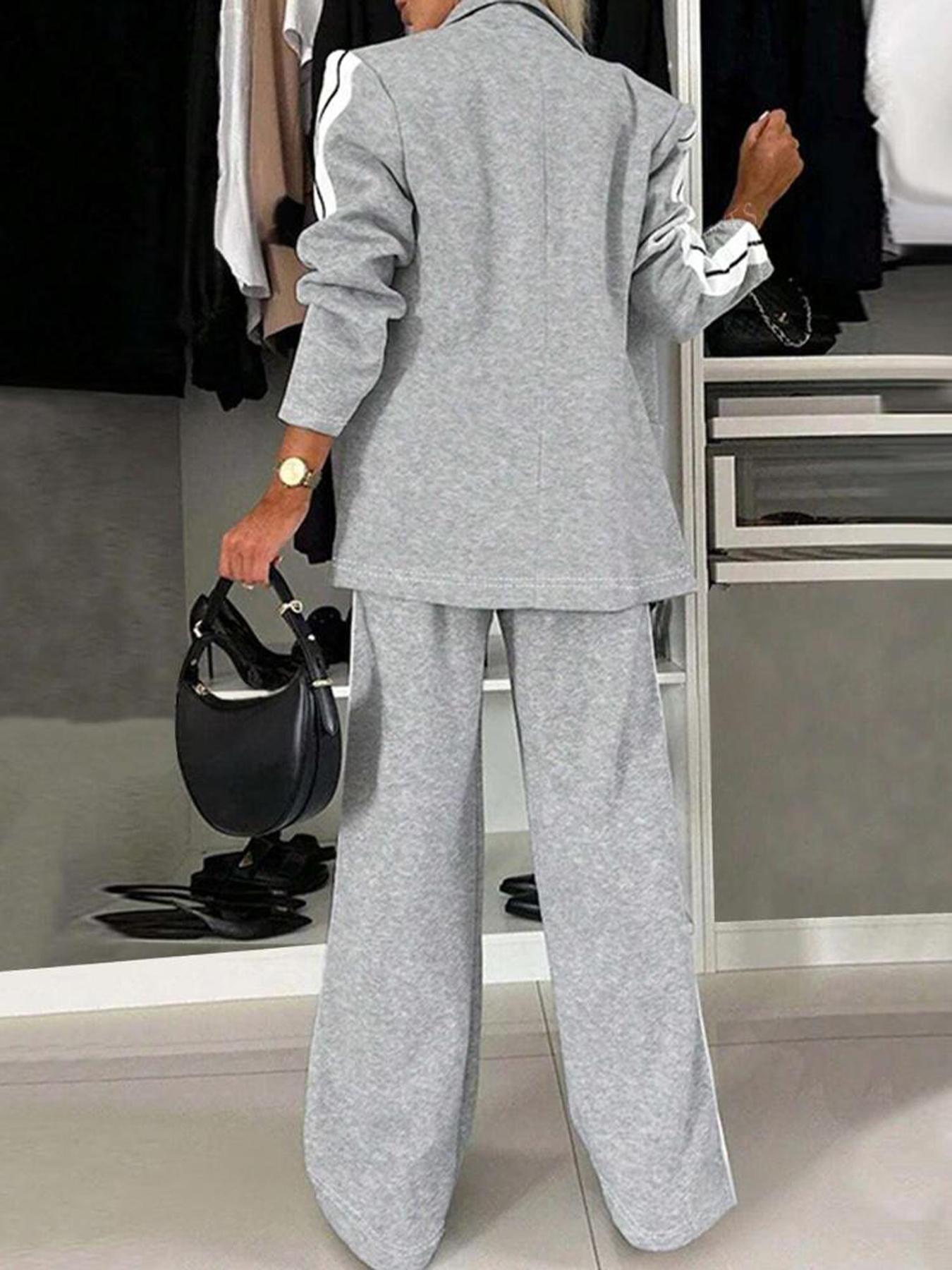 Women's Striped Print Suit Set, Blazer Jacket & Wide Leg Pants, Casual Fitted, All Seasons Wear, 2 Piece Set