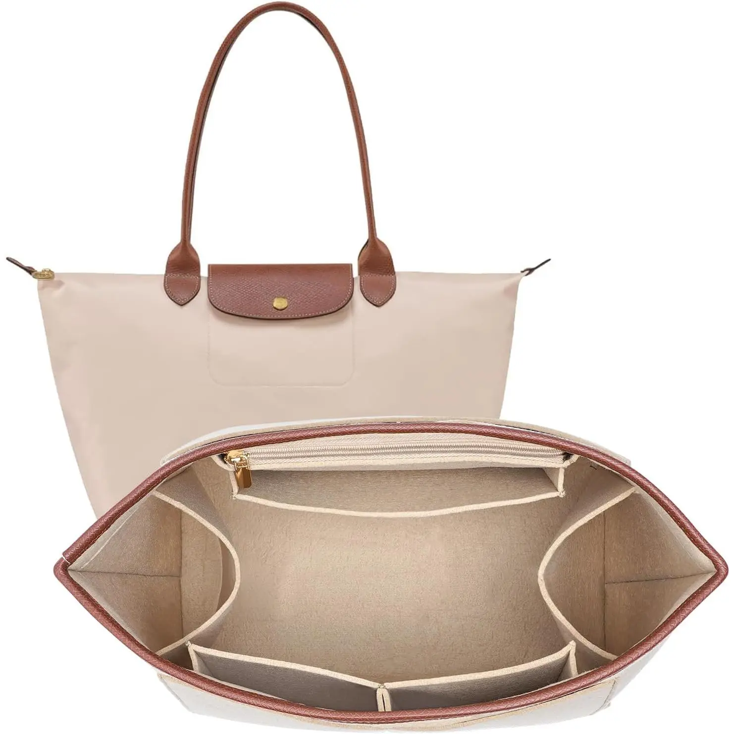 Felt Purse Organizer Insert for Longchamp Le Pliage Bag Handbag Leather edge Longchamp Organizer Insert (Beige, Large)