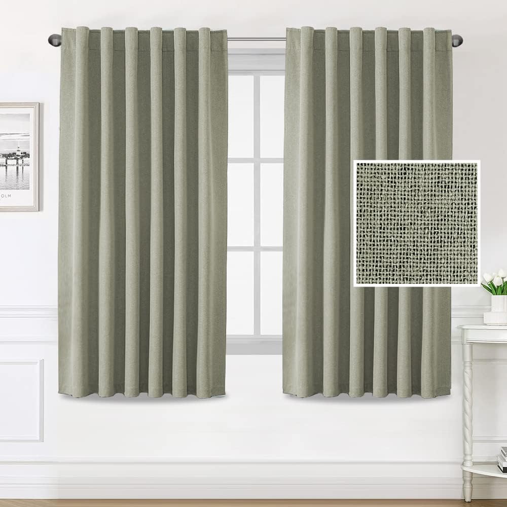 H.VERSAILTEX 100% Blackout Faux Linen Curtains for Bedroom Full Light Blocking Drapes with Double Face Linen Back Tab Loop Pocket Textured Burlap Curtains for Living Room 2 Panels