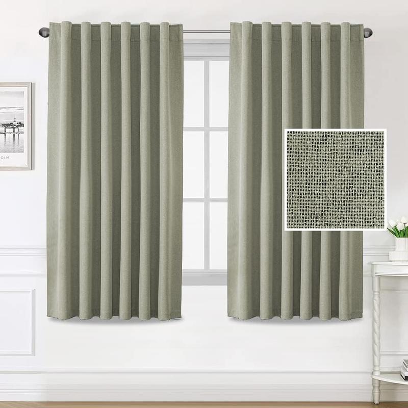 H.VERSAILTEX 100% Blackout Faux Linen Curtains for Bedroom Full Light Blocking Drapes with Double Face Linen Back Tab Loop Pocket Textured Burlap Curtains for Living Room 2 Panels