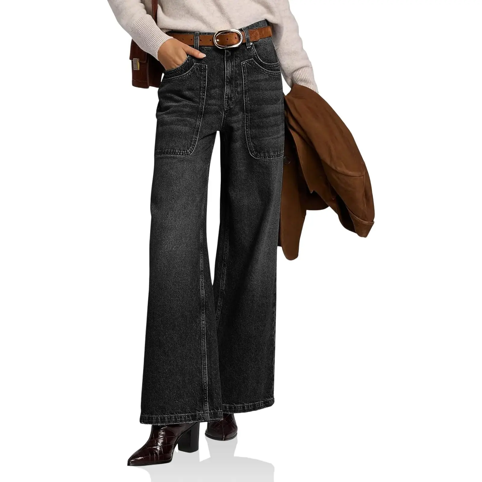 Cicy Bell Women's Wide Leg Flared Jeans Stretch High Waisted Denim Pants | Two Large Patch Pockets On The Sides, Trendy Casual, Stylish, Cargo, Baggy, Boyfriend, Daily Wear, Work Office