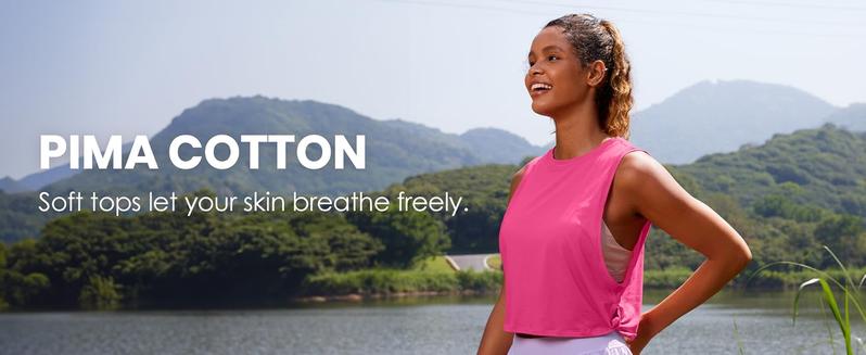 CRZ YOGA Pima Cotton Cropped Tank Tops for Women - Sleeveless Sports Shirts Athletic Yoga Running Gym Workout Crop Tops