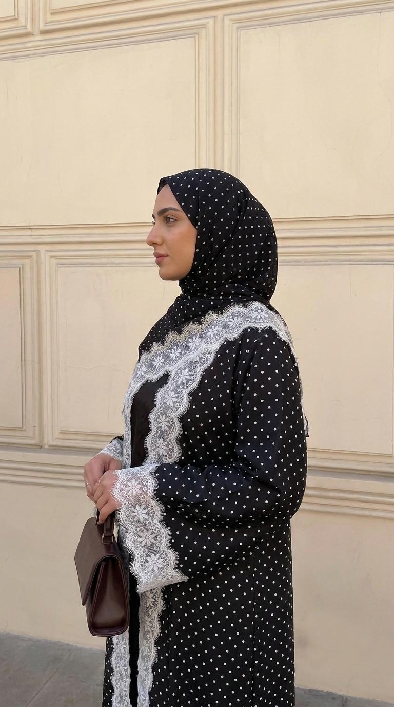 CL84 Elegant polka‑dot open abaya with matching hijab, delicate floral lace trim, soft premium‑quality fabric. White‑black and black‑white lace versions. Great for daily and formal occasions, ideal modest wear for hijabi women.