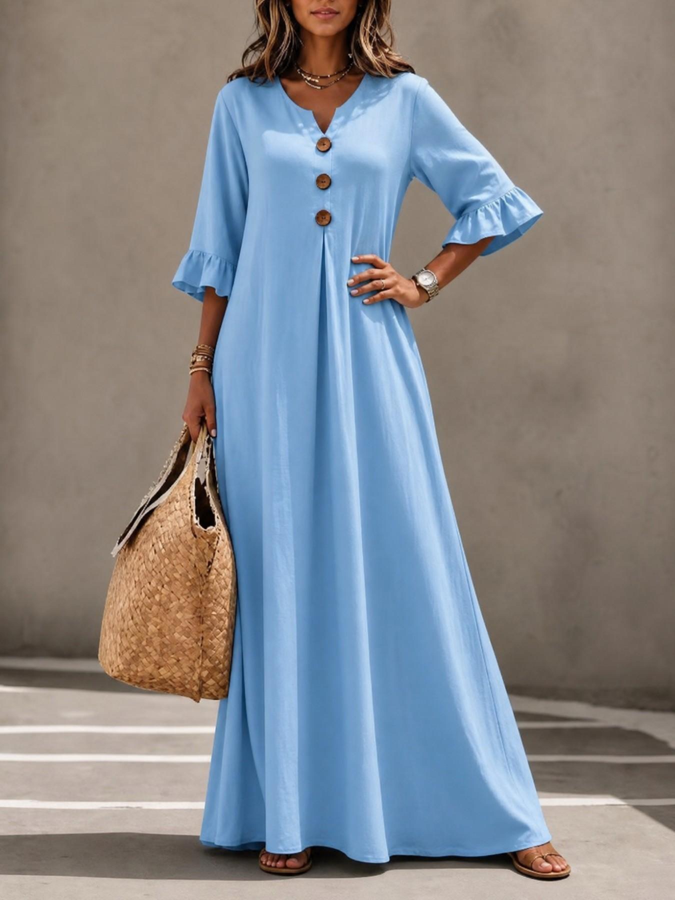 Women's Boho Style Loose-Fitting Wooden Texture V-Neck Dress, Leaf Sleeve Round Button A-Line Long Dress, All Seasons Fashion