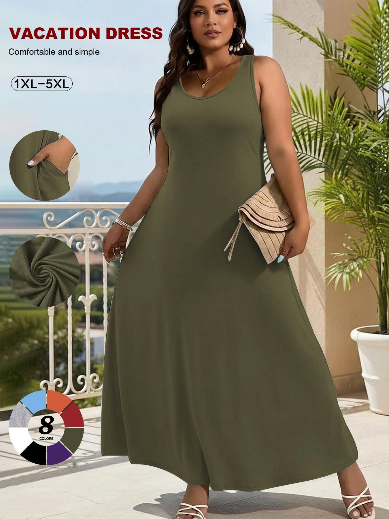 2026 Women's Plus Size Sleeveless Maxi Dress, Sexy Scoop Neck A-Line Vacation Dress, Summer Tummy Control Beach Cover Up with Pockets