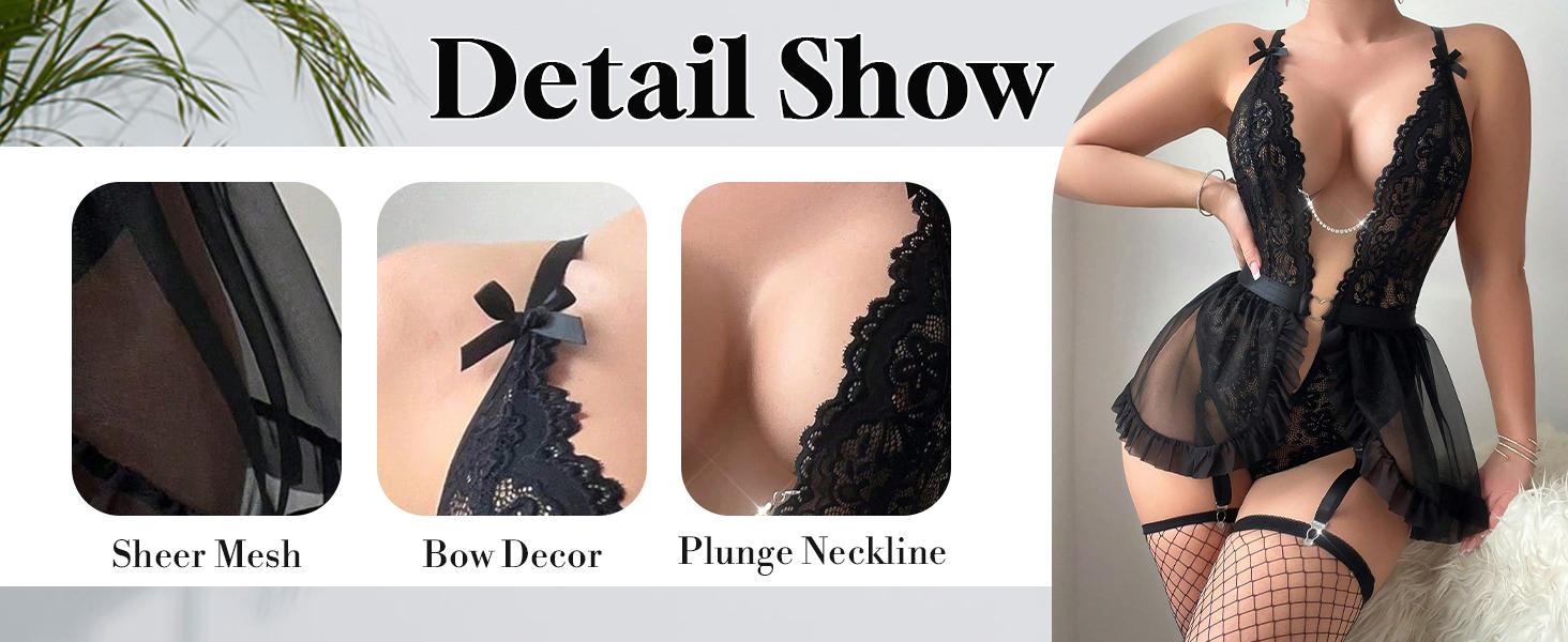 Women's Sexy Lace Garter Lingerie Set, Cut Out Rhinestone Underwire Teddy Bodysuit with Matching Panty & Stockings, Deep V Halter Neck Mesh Babydoll Nightwear, Perfect for Date Night, Valentine's Day & Romantic Occasions, All Seasons Wear