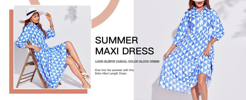 Wenrine Womens Boho Midi Dress Long Sleeve Casual Color Block Beach Button Down Shirt Dress