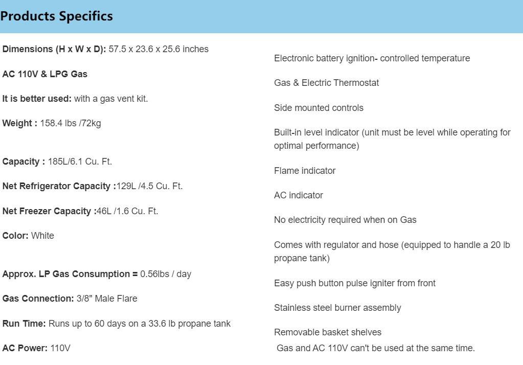 Smad 9.7 Cu.Ft Gas Propane Fridge Freezer LP Caravan Camper RV Fridge Garage AC